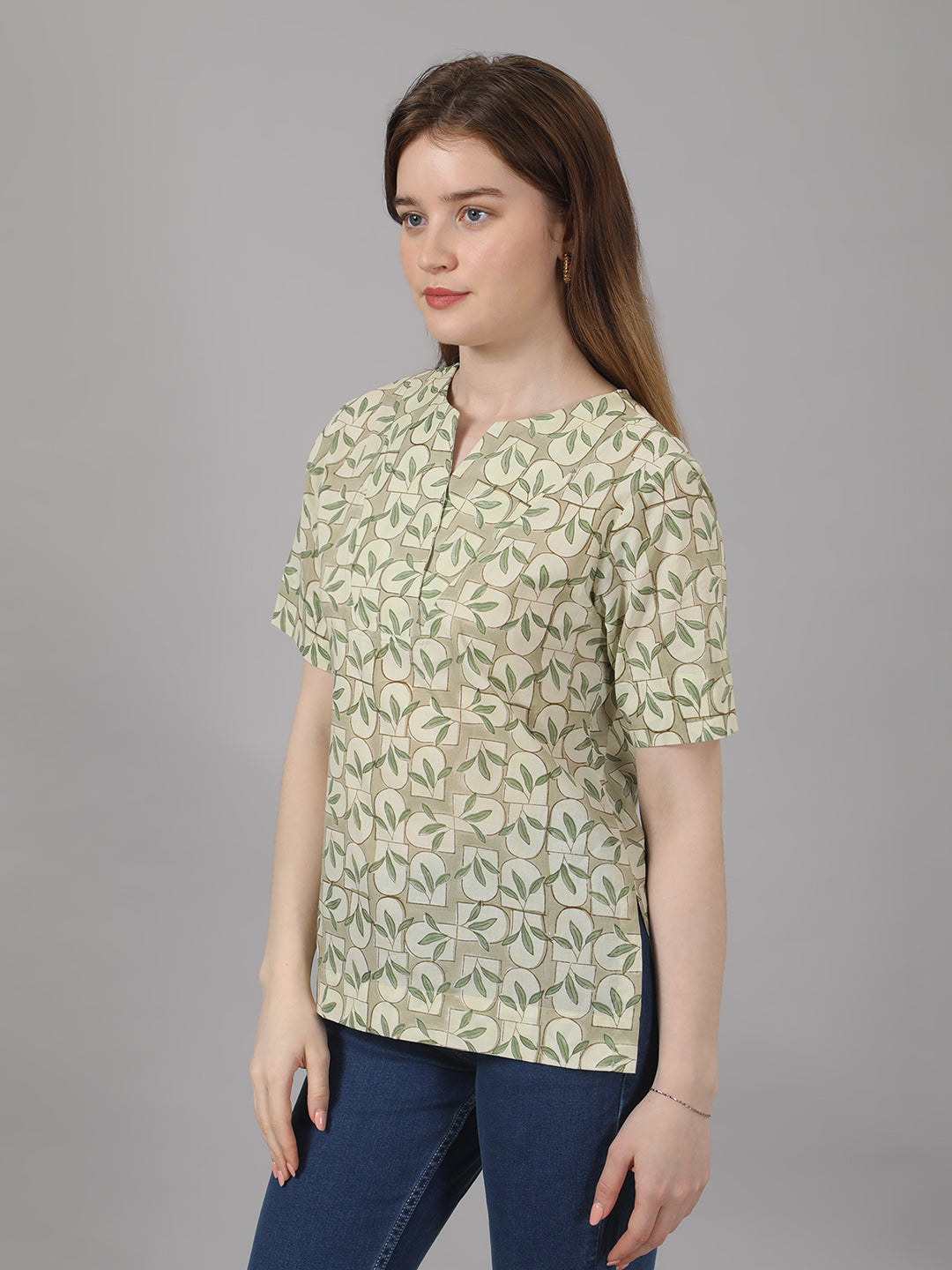 Green Handblock Cotton Top – Leaf & Brick Print