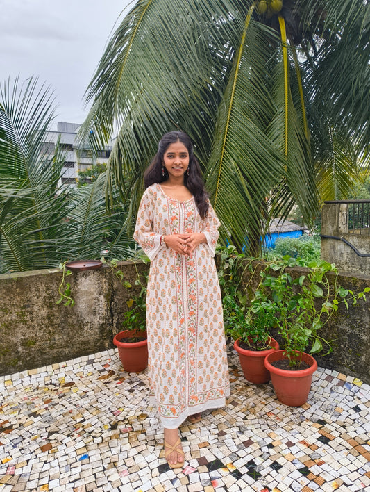 Handblock Cotton Bhopali-Style Long Kurta