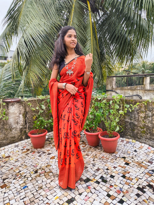 Fiery Red Black Cotton Handblock Saree