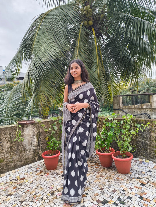 Charcoal White Cotton Handblock Saree