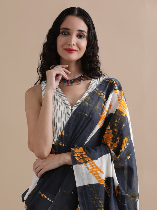 Navy White Orange Cotton Handblock Saree
