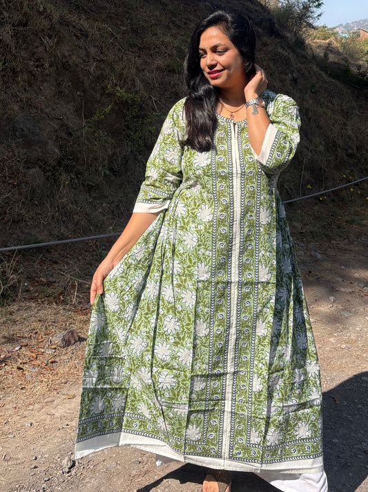 Handblock Long kurti - Green