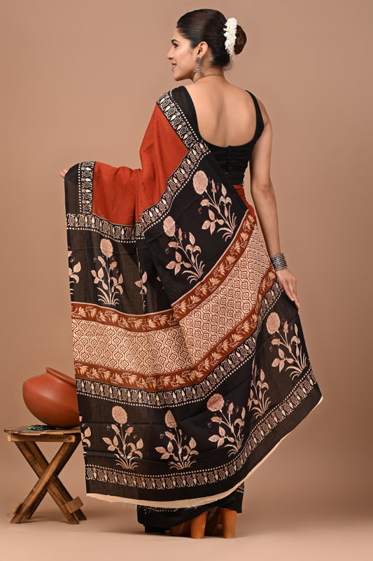 Rust Black Beige Cotton Handblock Saree