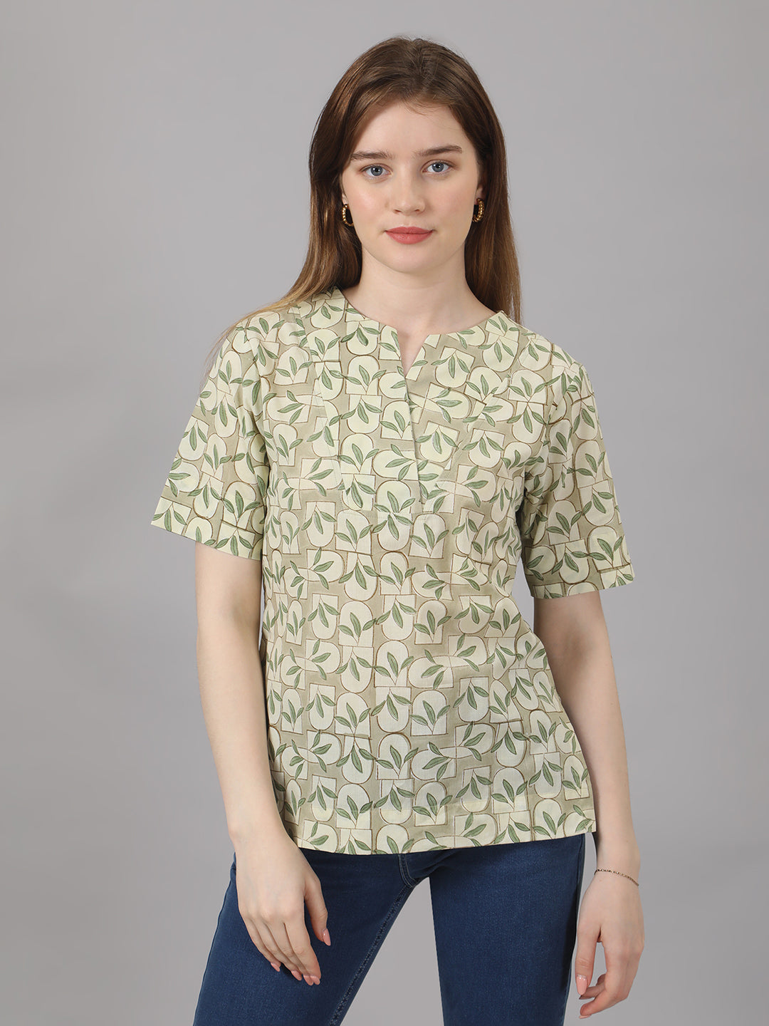 Green Handblock Cotton Top – Leaf & Brick Print