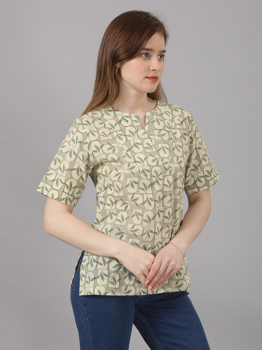 Green Handblock Cotton Top – Leaf & Brick Print