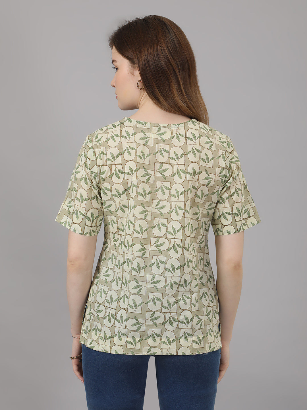 Green Handblock Cotton Top – Leaf & Brick Print