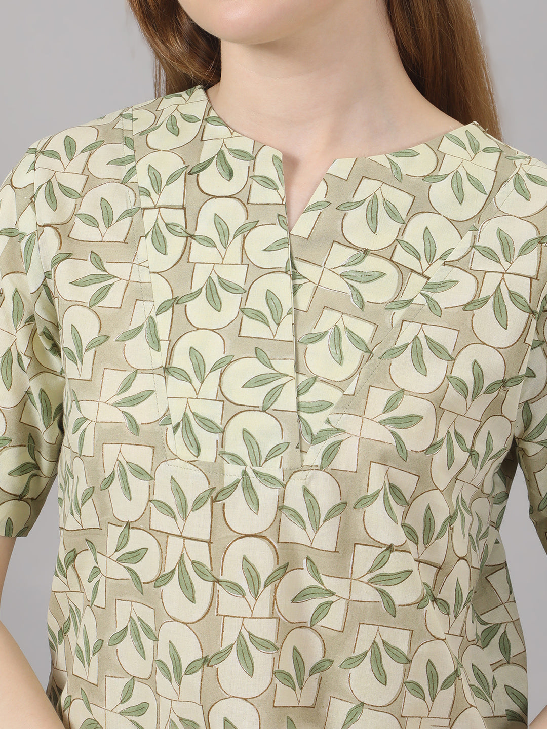Green Handblock Cotton Top – Leaf & Brick Print