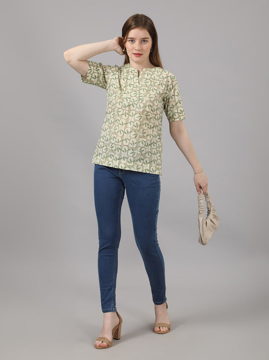 Green Handblock Cotton Top – Leaf & Brick Print