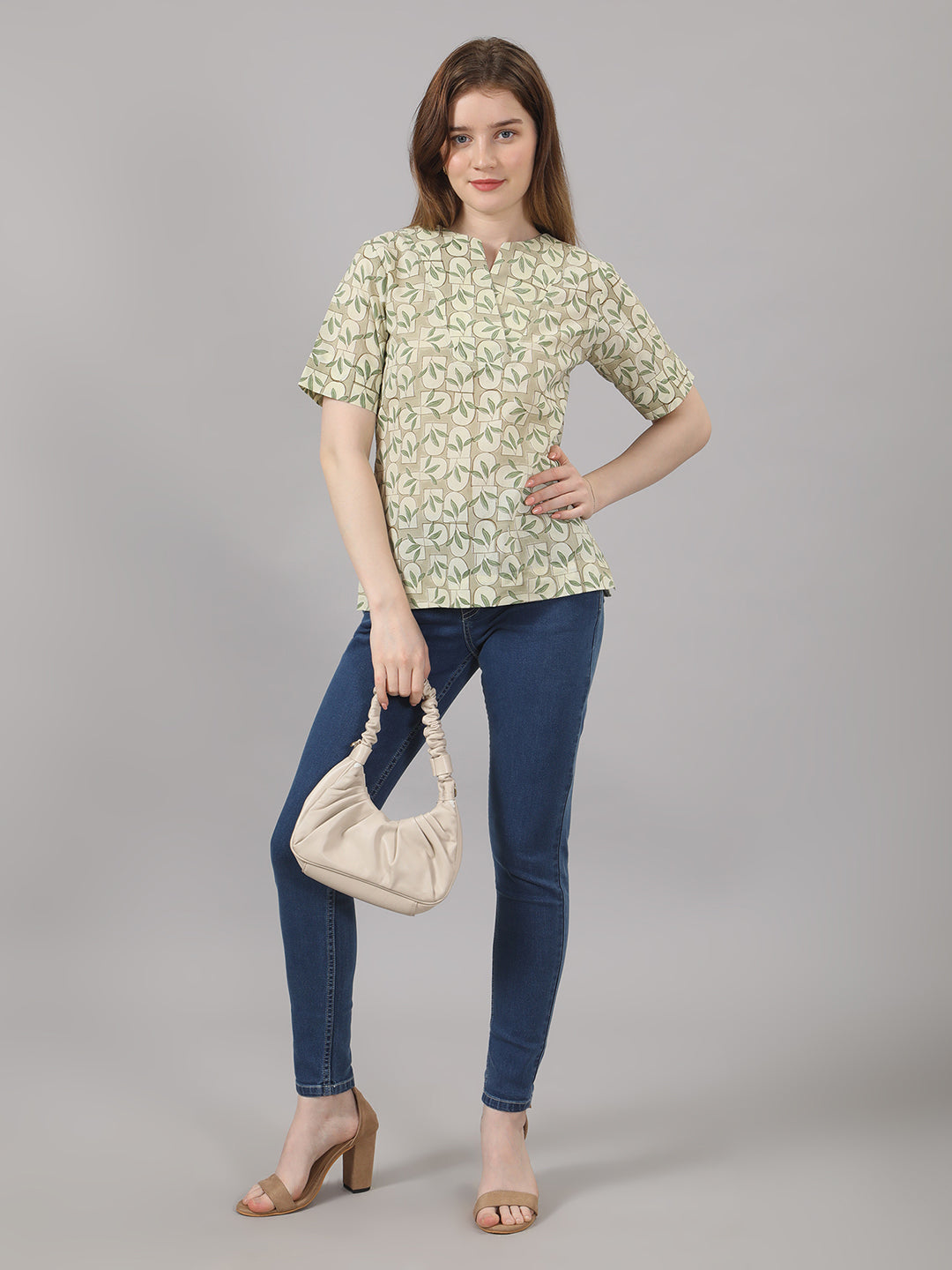 Green Handblock Cotton Top – Leaf & Brick Print