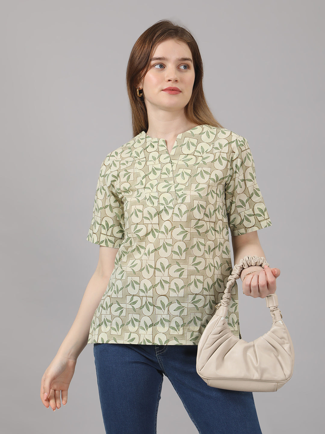Green Handblock Cotton Top – Leaf & Brick Print