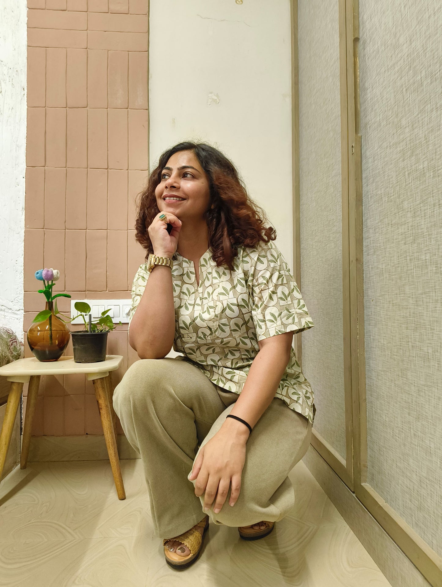 Green Handblock Cotton Top – Leaf & Brick Print