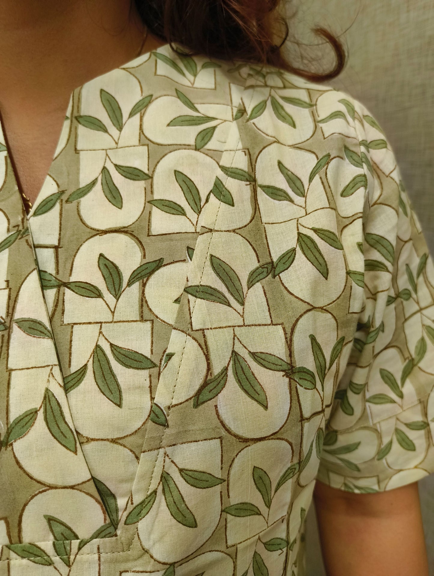 Green Handblock Cotton Top – Leaf & Brick Print