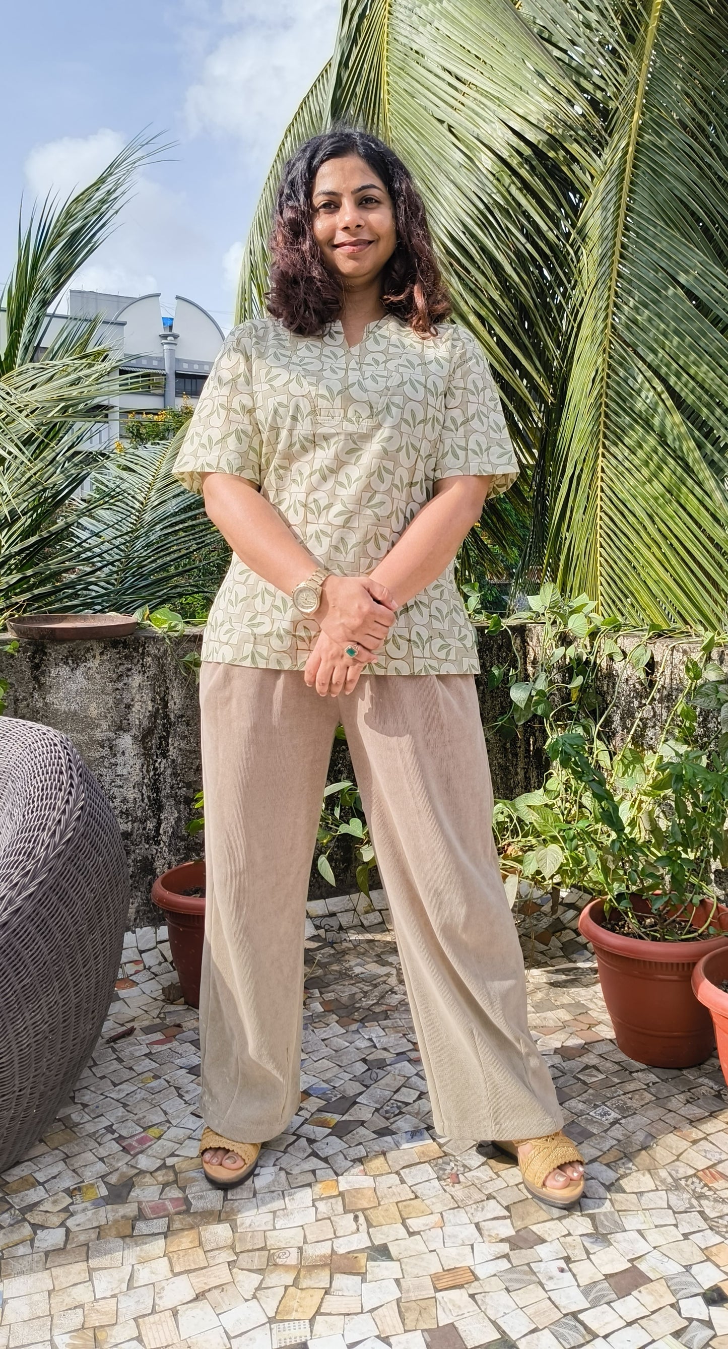 Green Handblock Cotton Top – Leaf & Brick Print