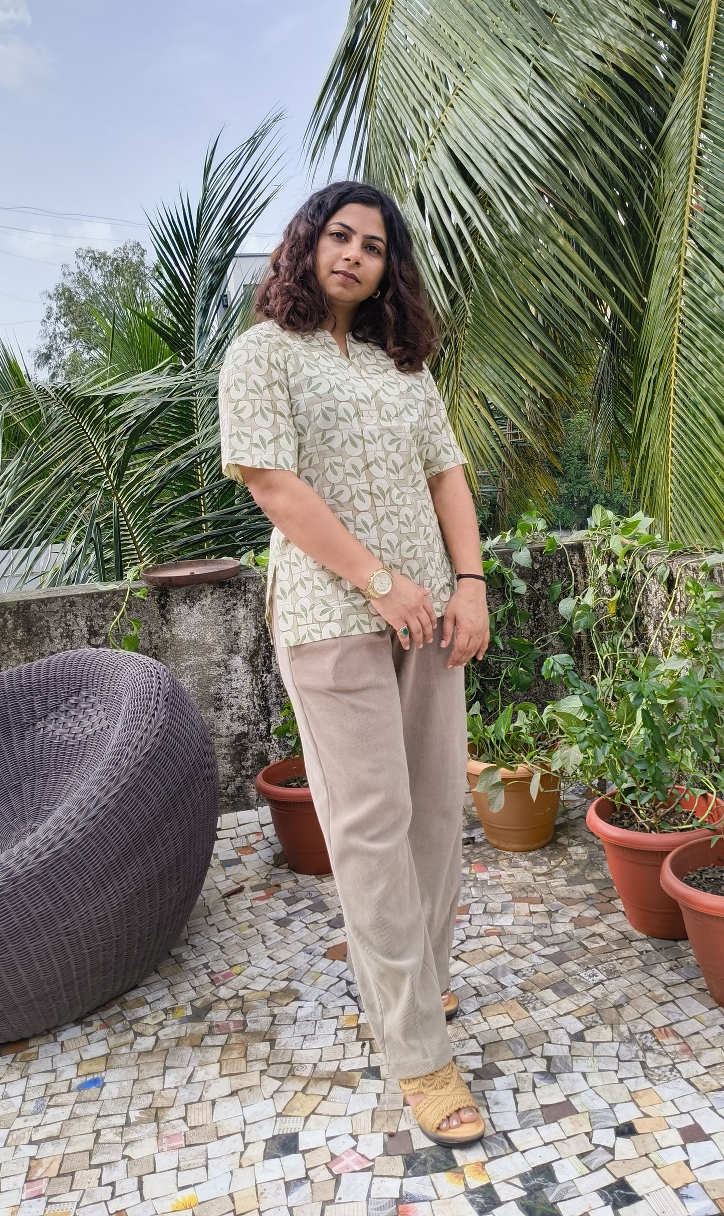 Green Handblock Cotton Top – Leaf & Brick Print