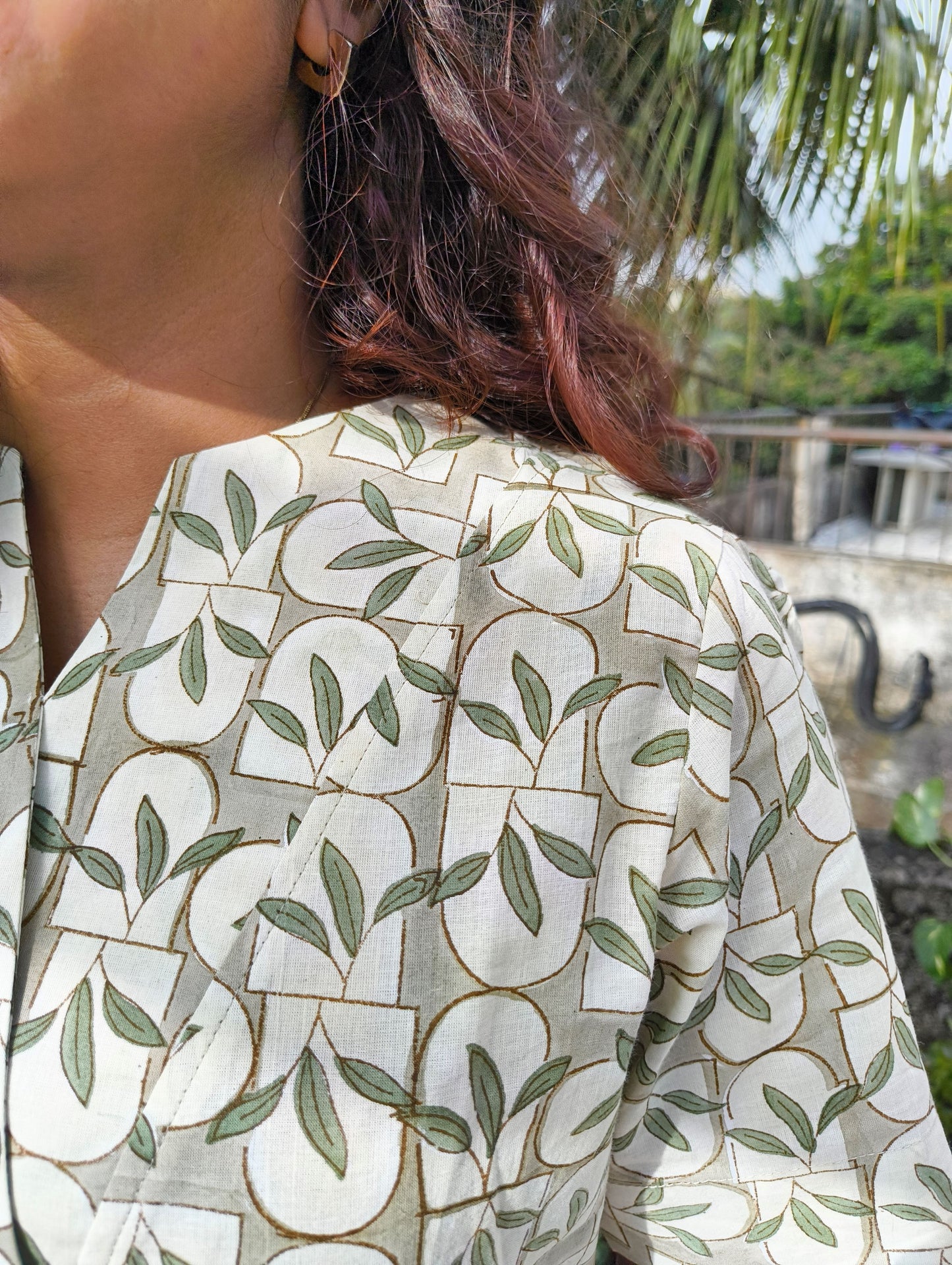 Green Handblock Cotton Top – Leaf & Brick Print