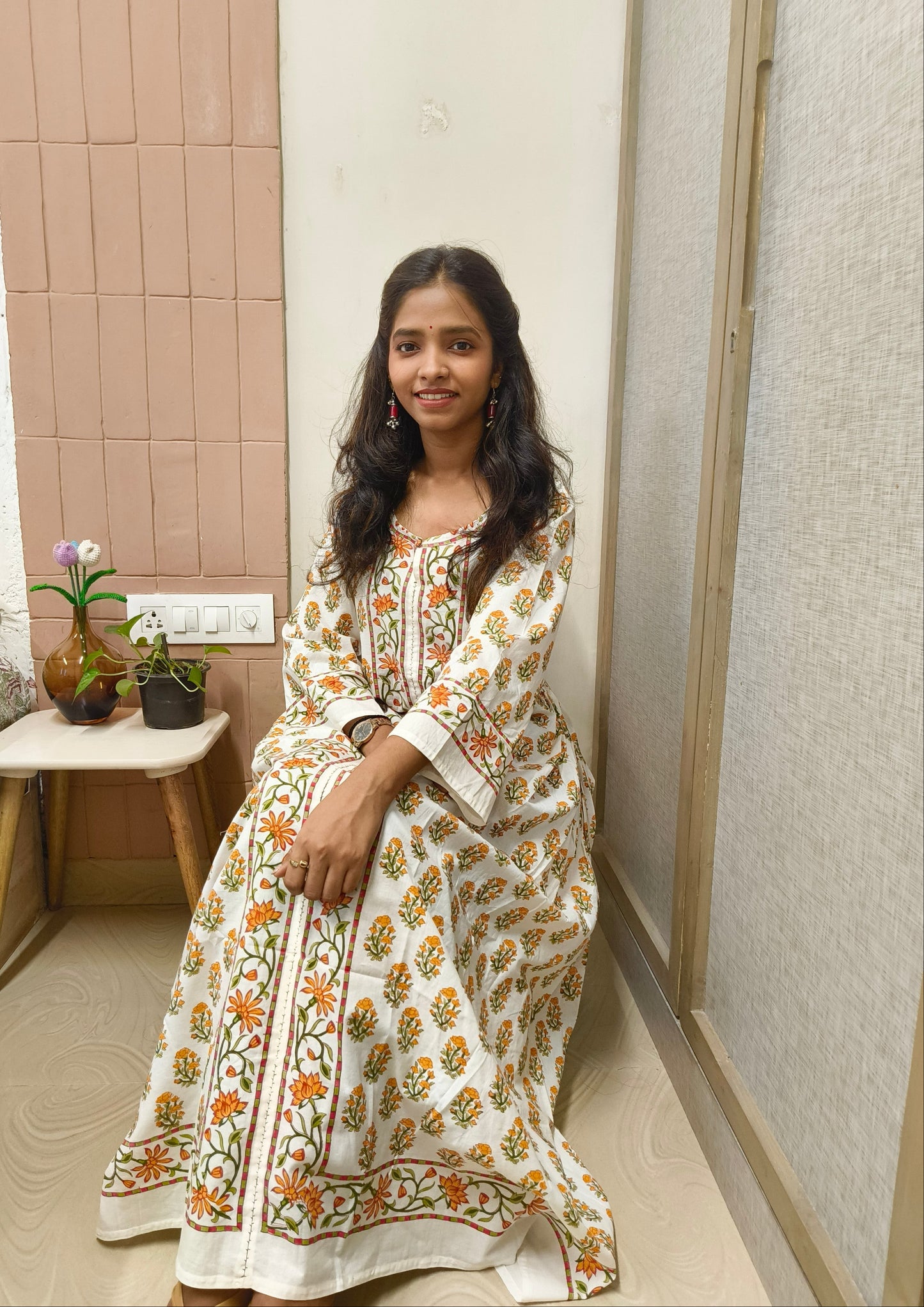 Handblock Cotton Bhopali-Style Long Kurta