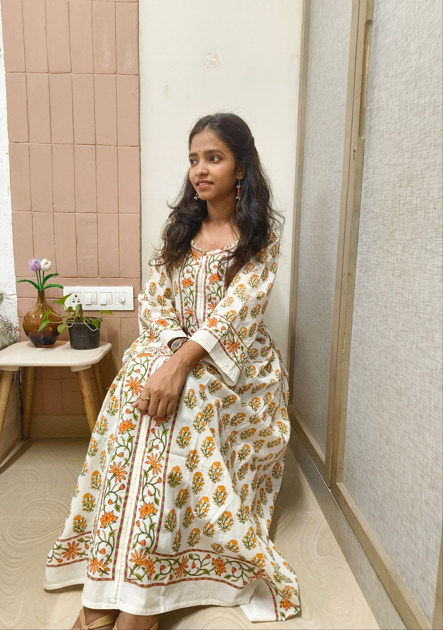 Handblock Cotton Bhopali-Style Long Kurta