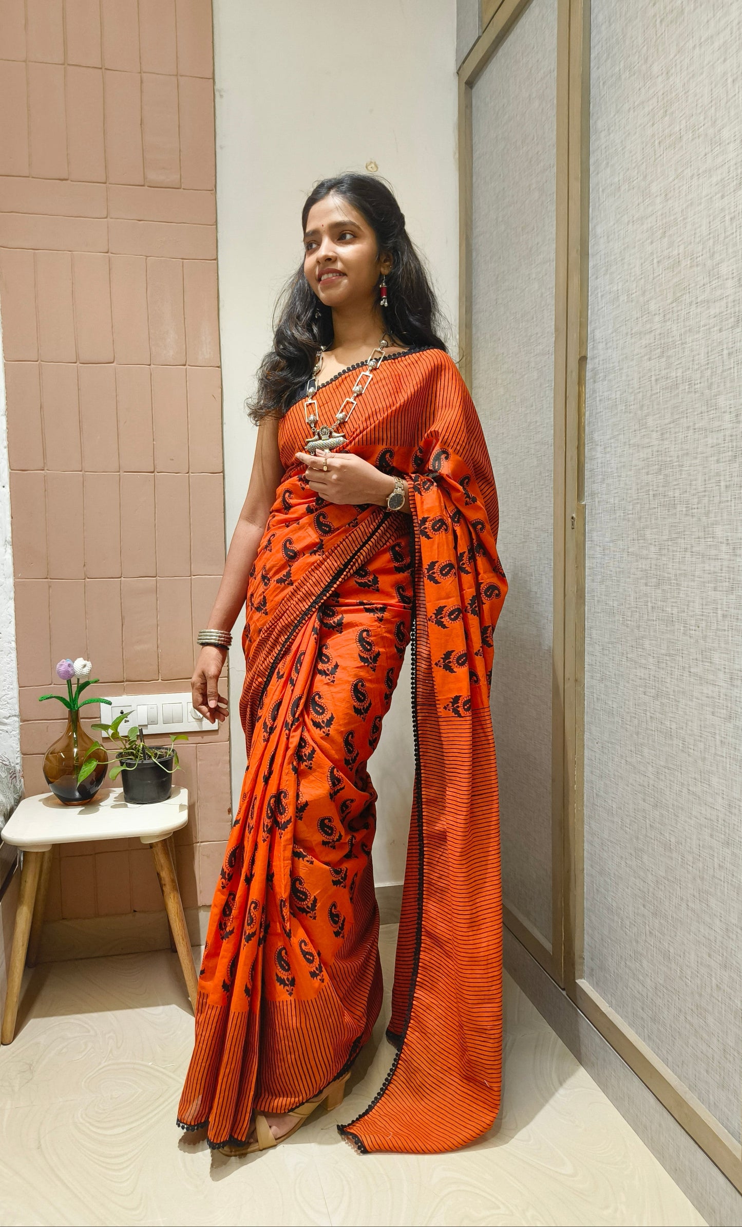 Fiery Red Black Cotton Handblock Saree