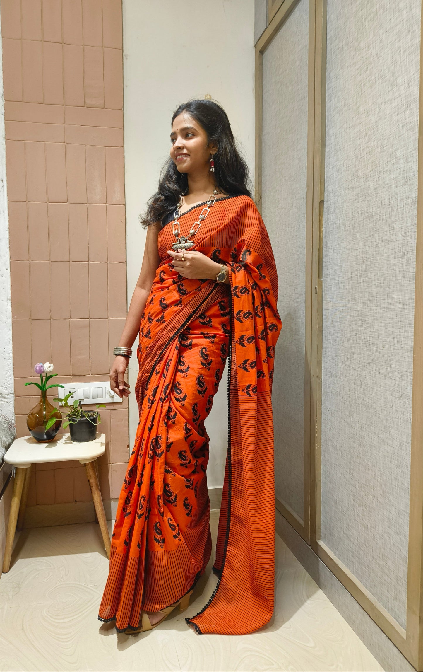 Fiery Red Black Cotton Handblock Saree