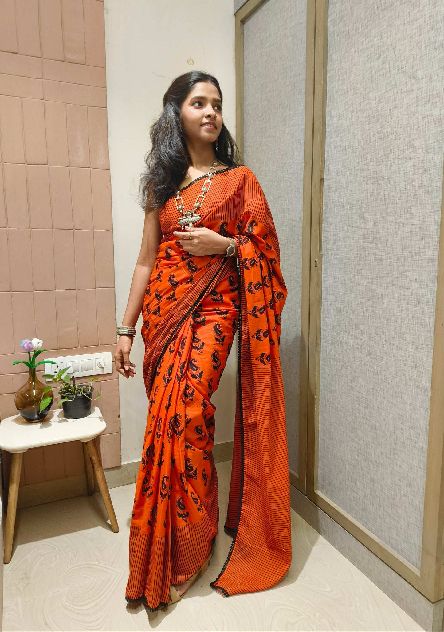 Fiery Red Black Cotton Handblock Saree