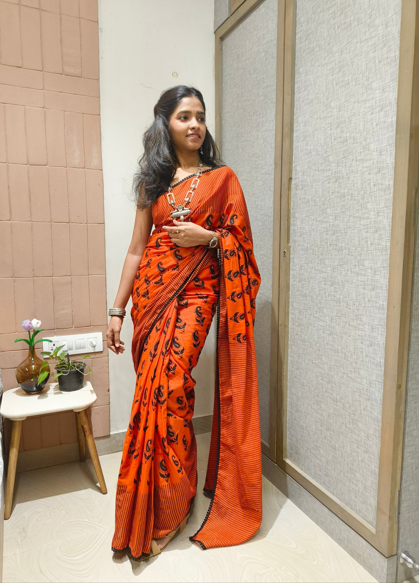 Fiery Red Black Cotton Handblock Saree