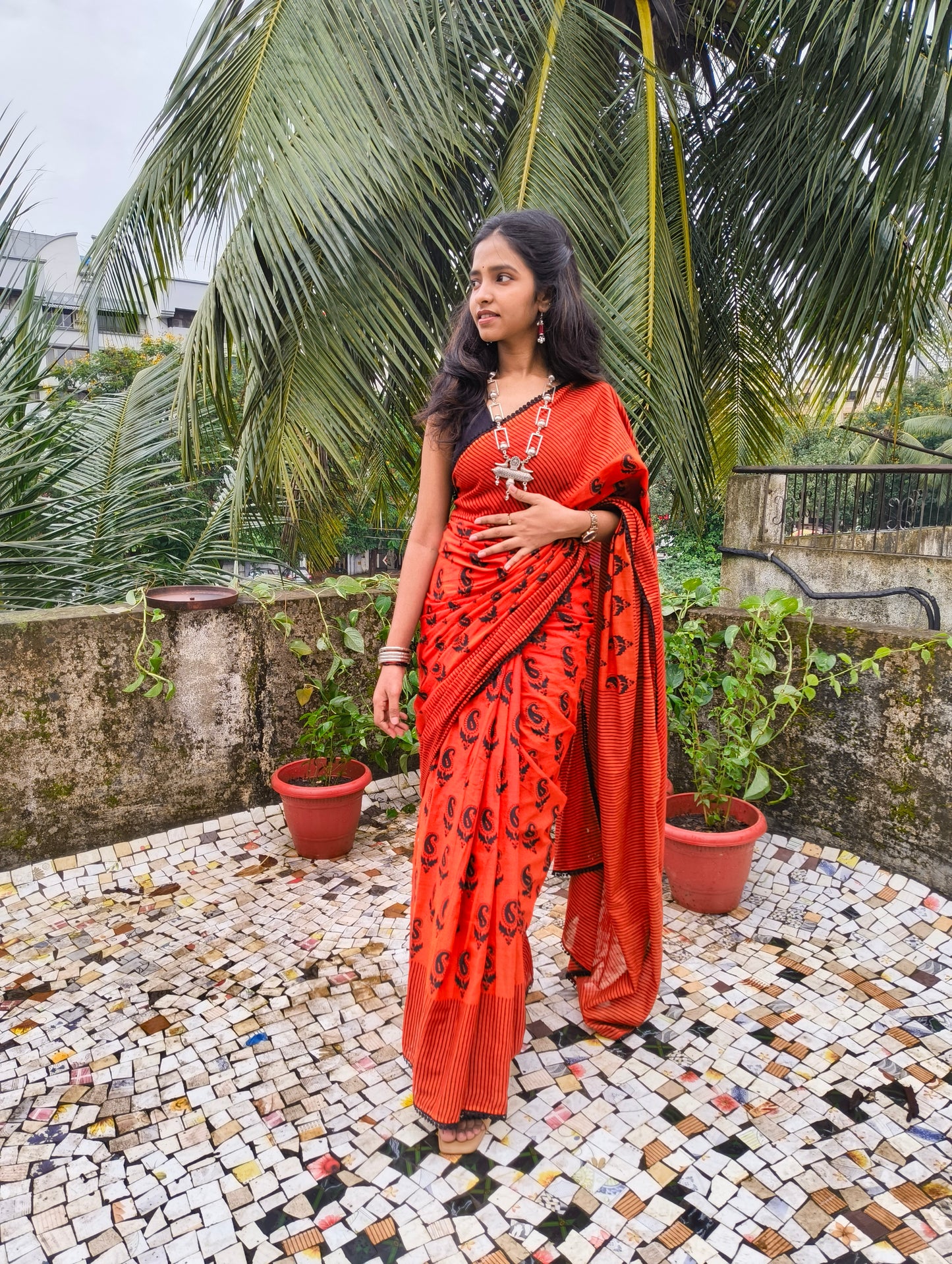 Fiery Red Black Cotton Handblock Saree