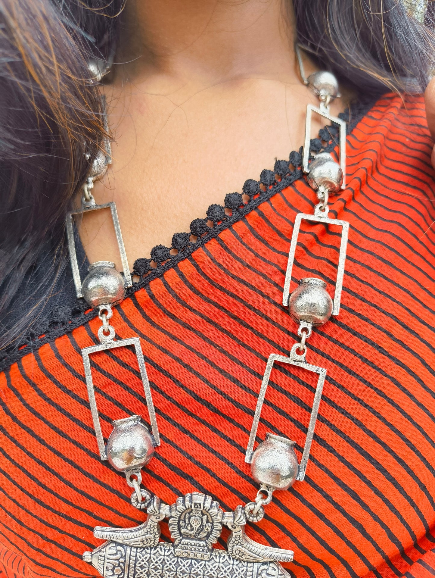 Fiery Red Black Cotton Handblock Saree