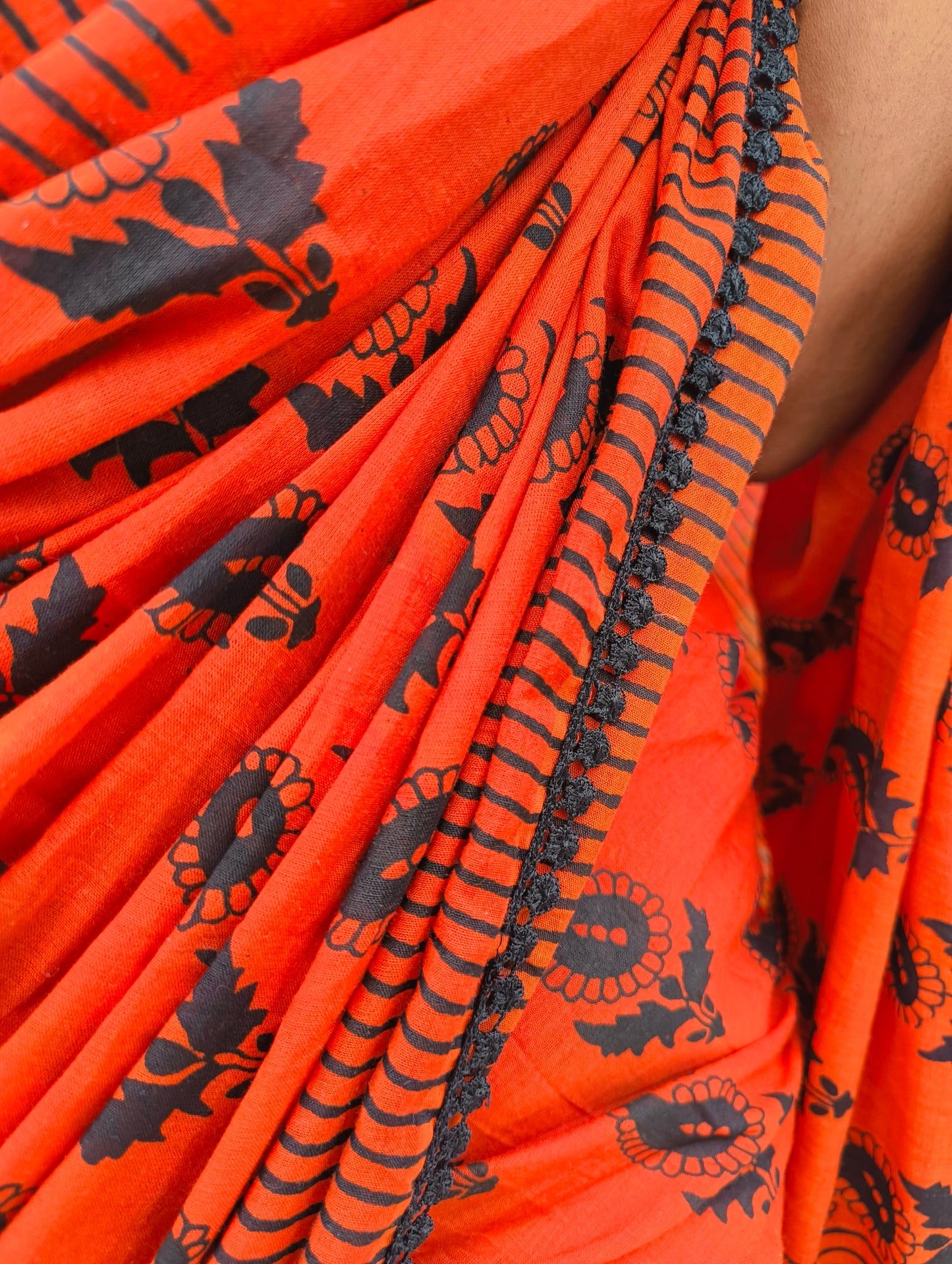 Fiery Red Black Cotton Handblock Saree