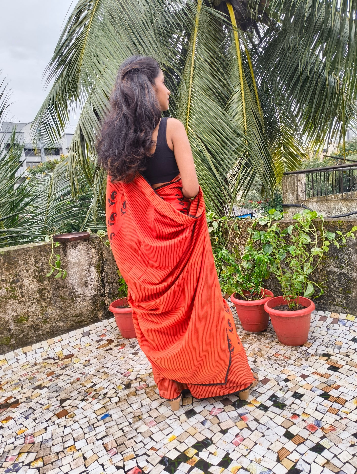 Fiery Red Black Cotton Handblock Saree