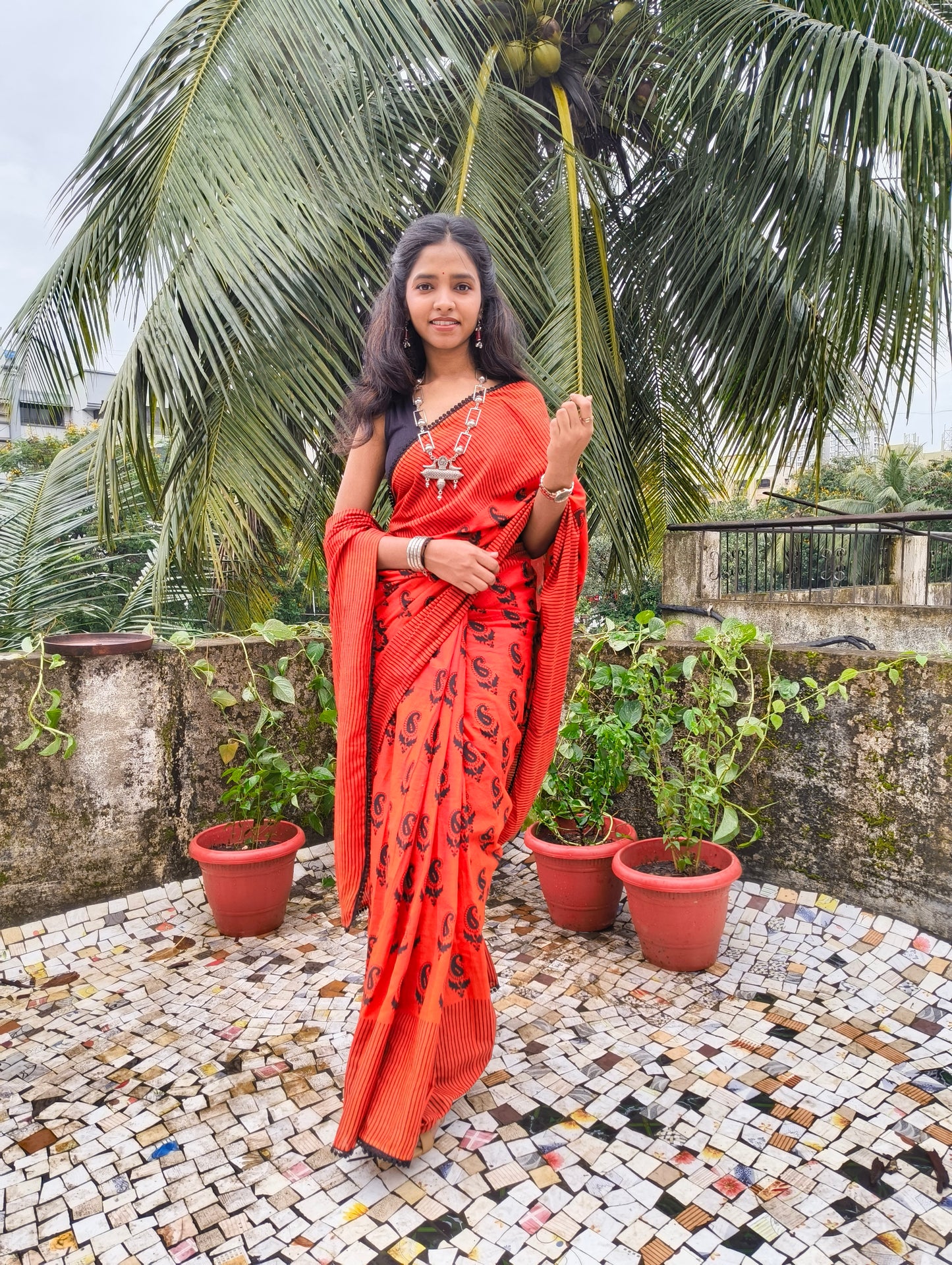 Fiery Red Black Cotton Handblock Saree