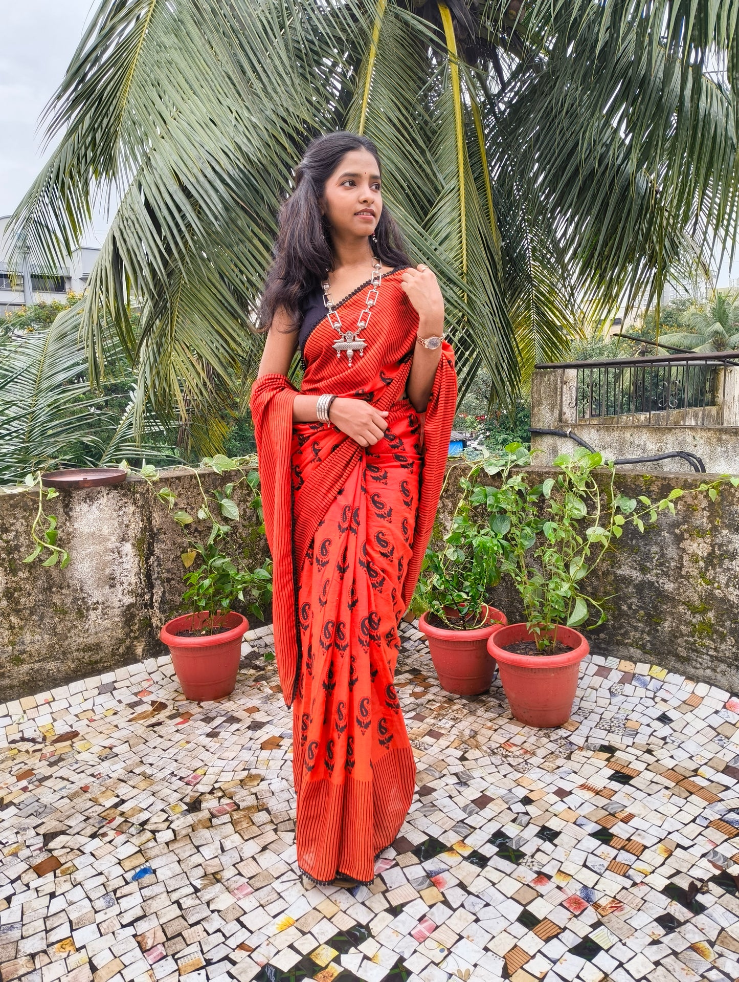 Fiery Red Black Cotton Handblock Saree