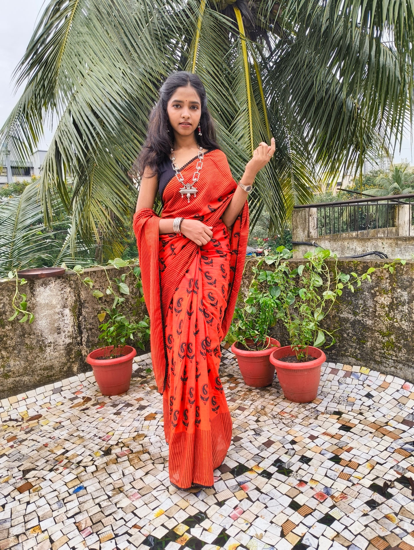 Fiery Red Black Cotton Handblock Saree