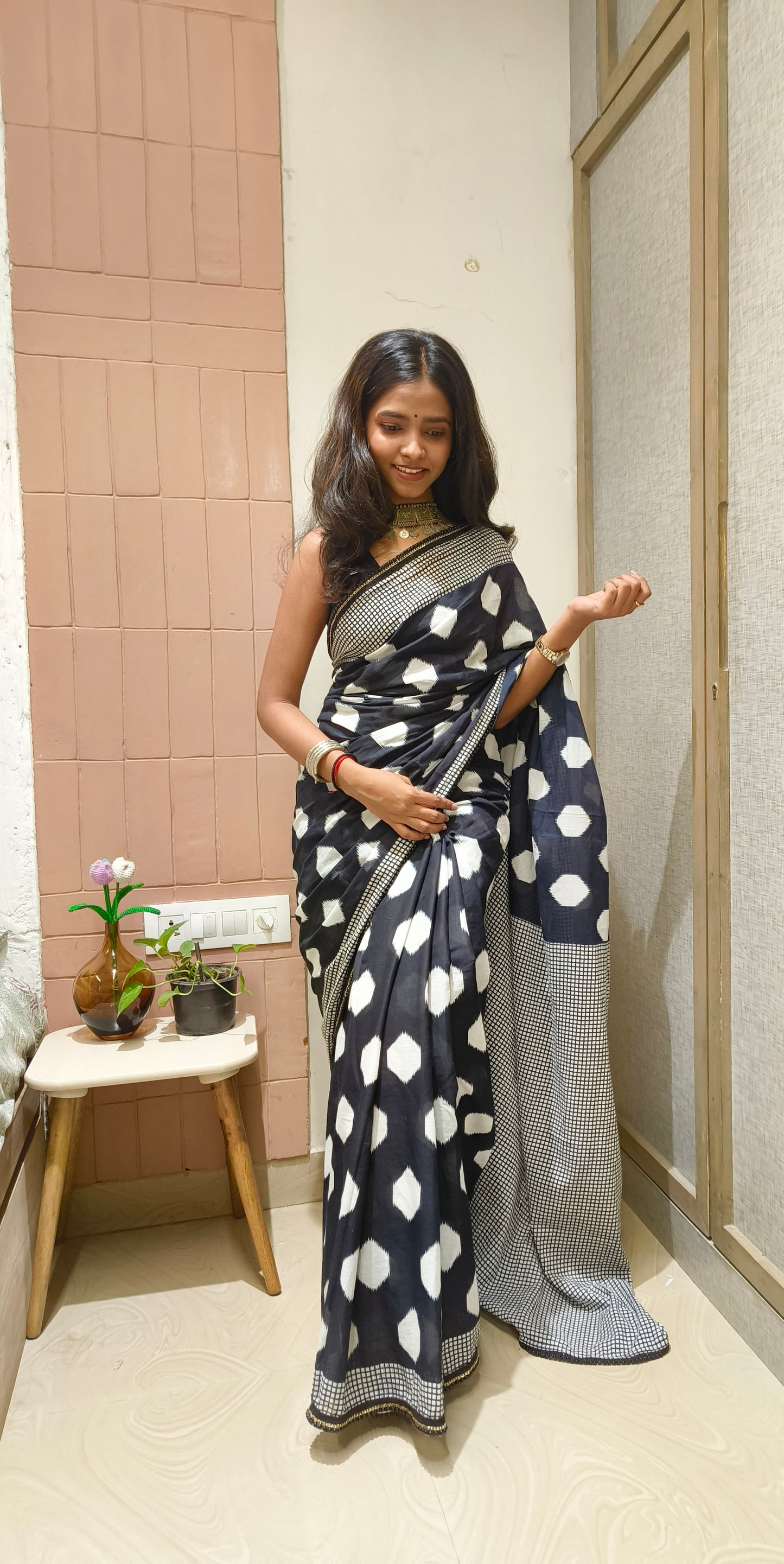 Charcoal White Cotton Handblock Saree