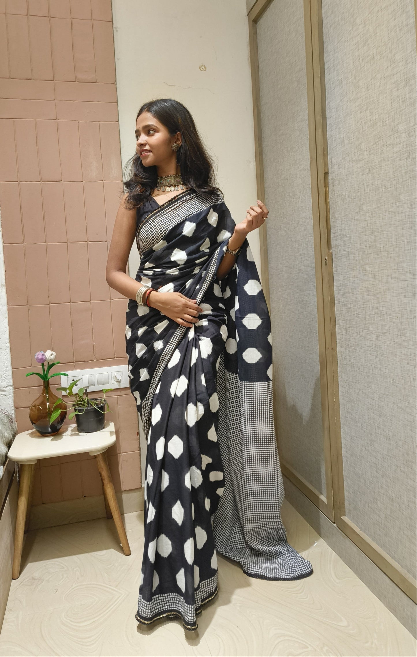 Charcoal White Cotton Handblock Saree