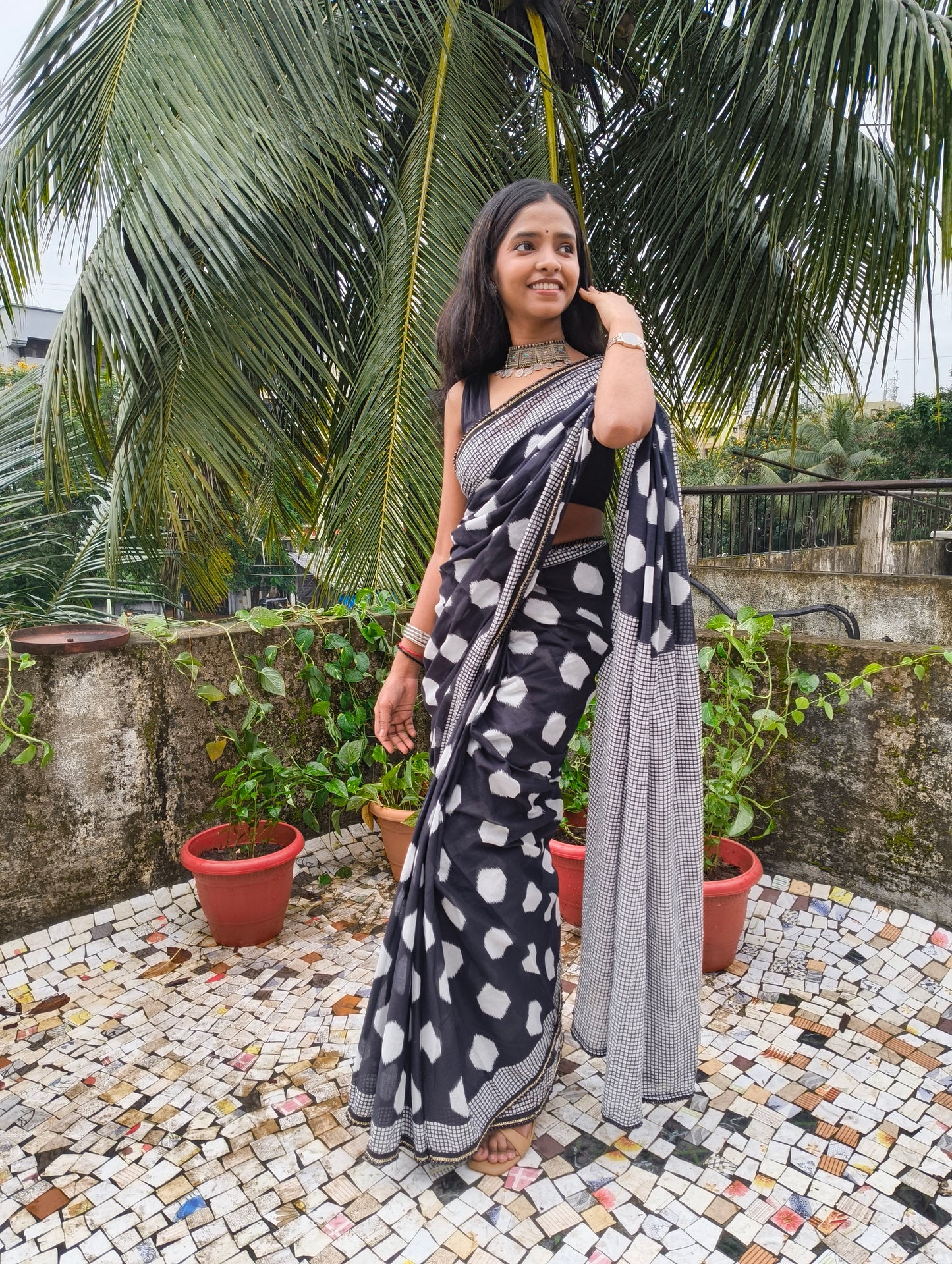 Charcoal White Cotton Handblock Saree