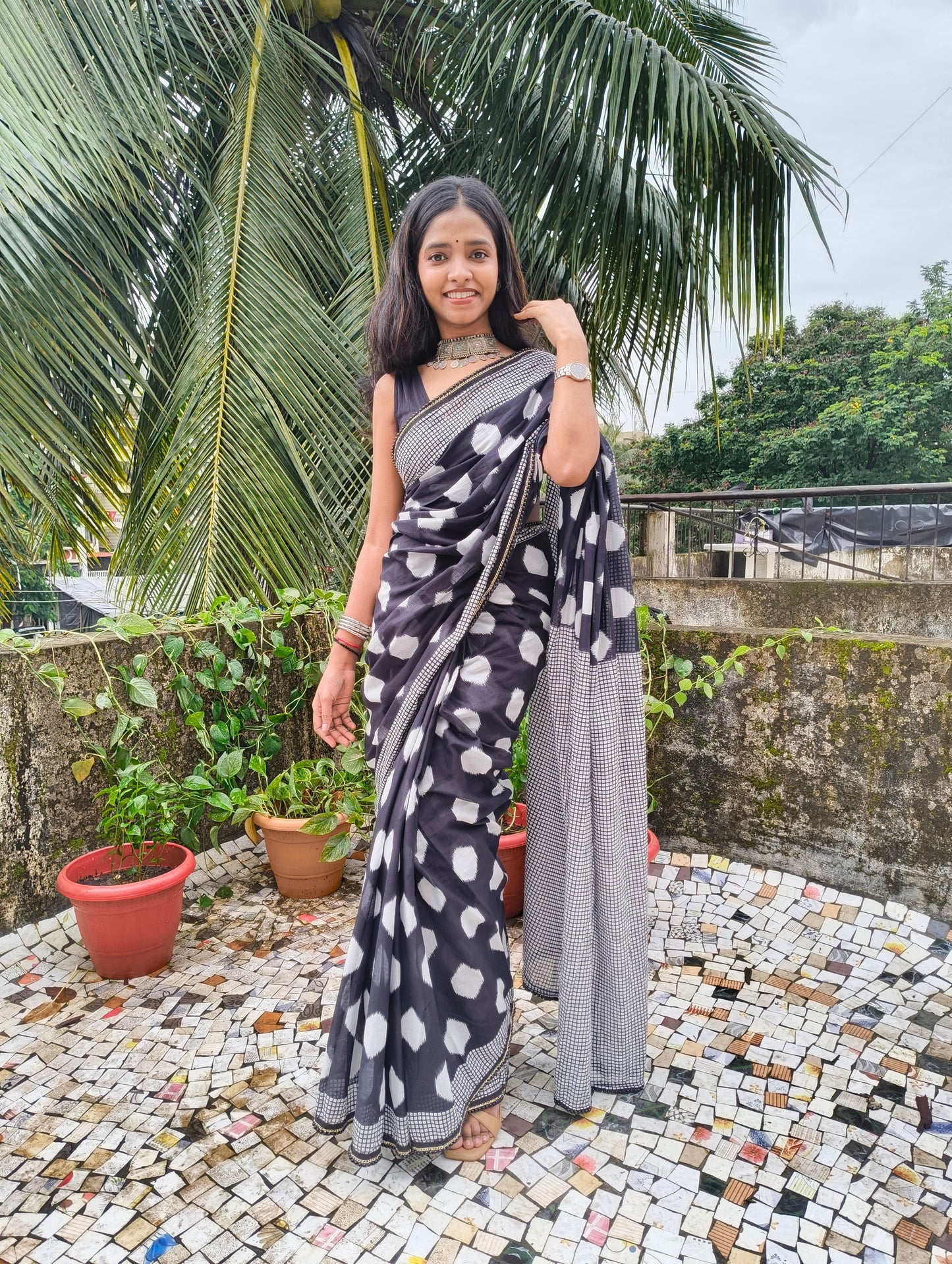 Charcoal White Cotton Handblock Saree