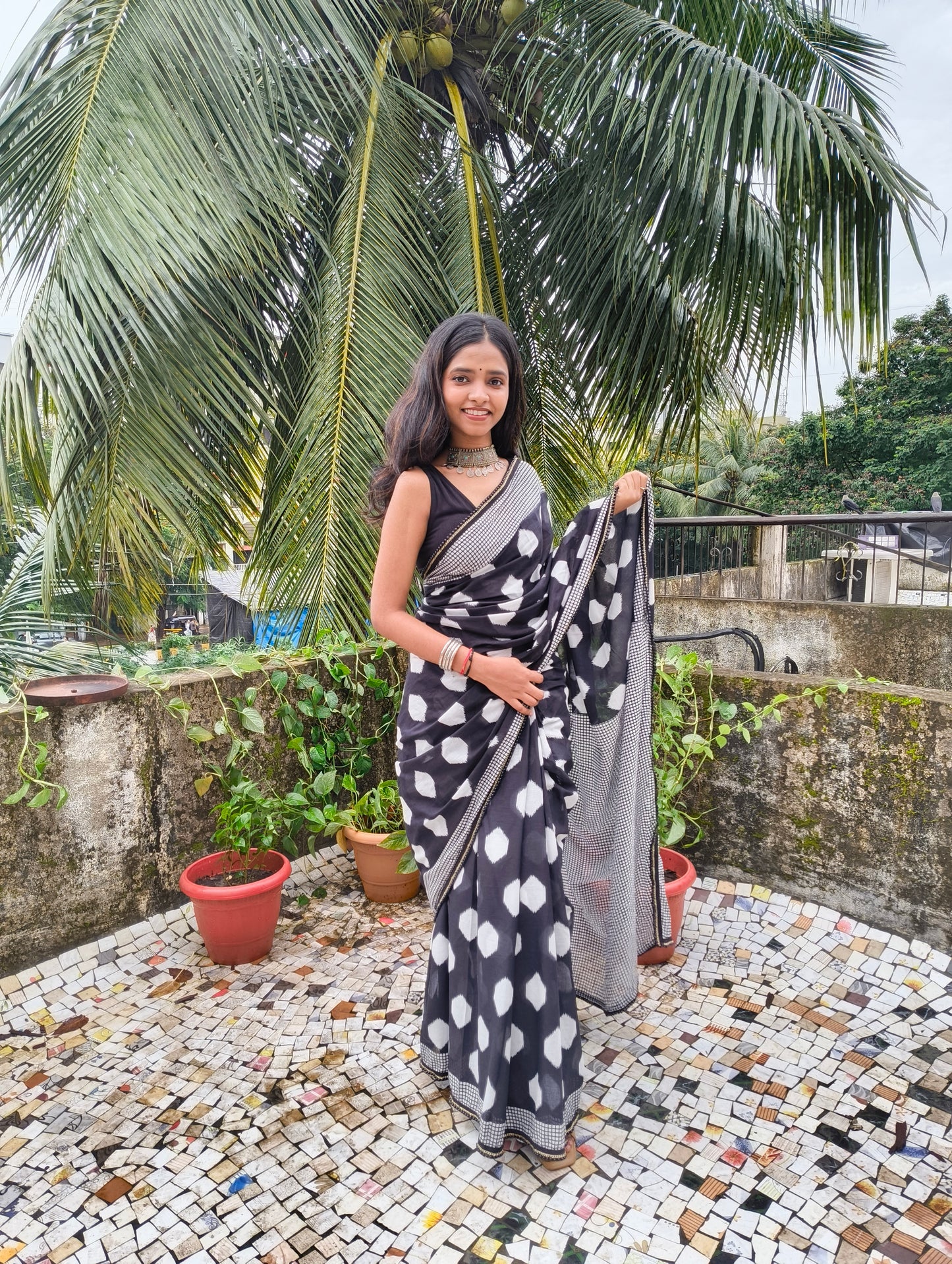 Charcoal White Cotton Handblock Saree