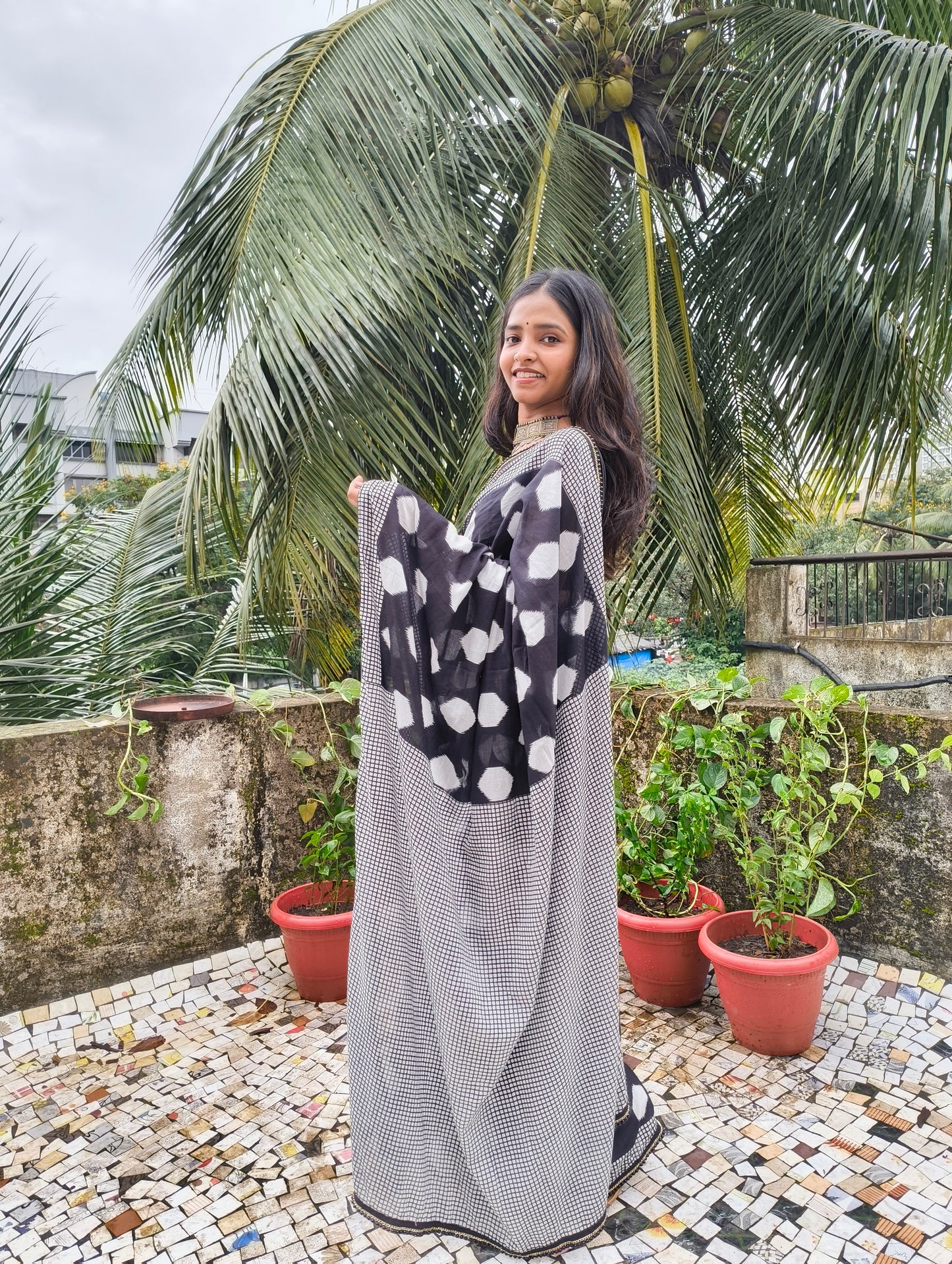 Charcoal White Cotton Handblock Saree