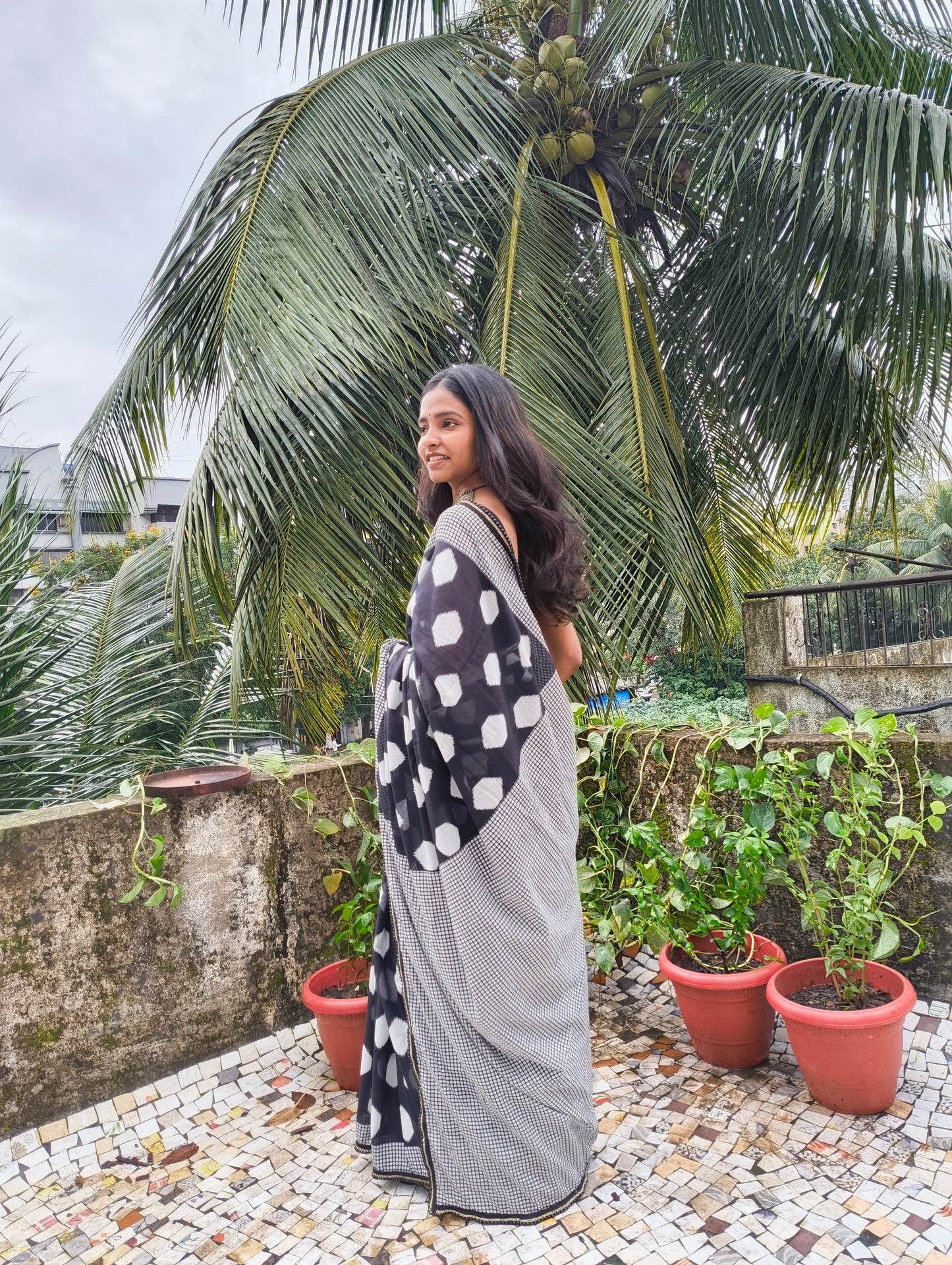 Charcoal White Cotton Handblock Saree