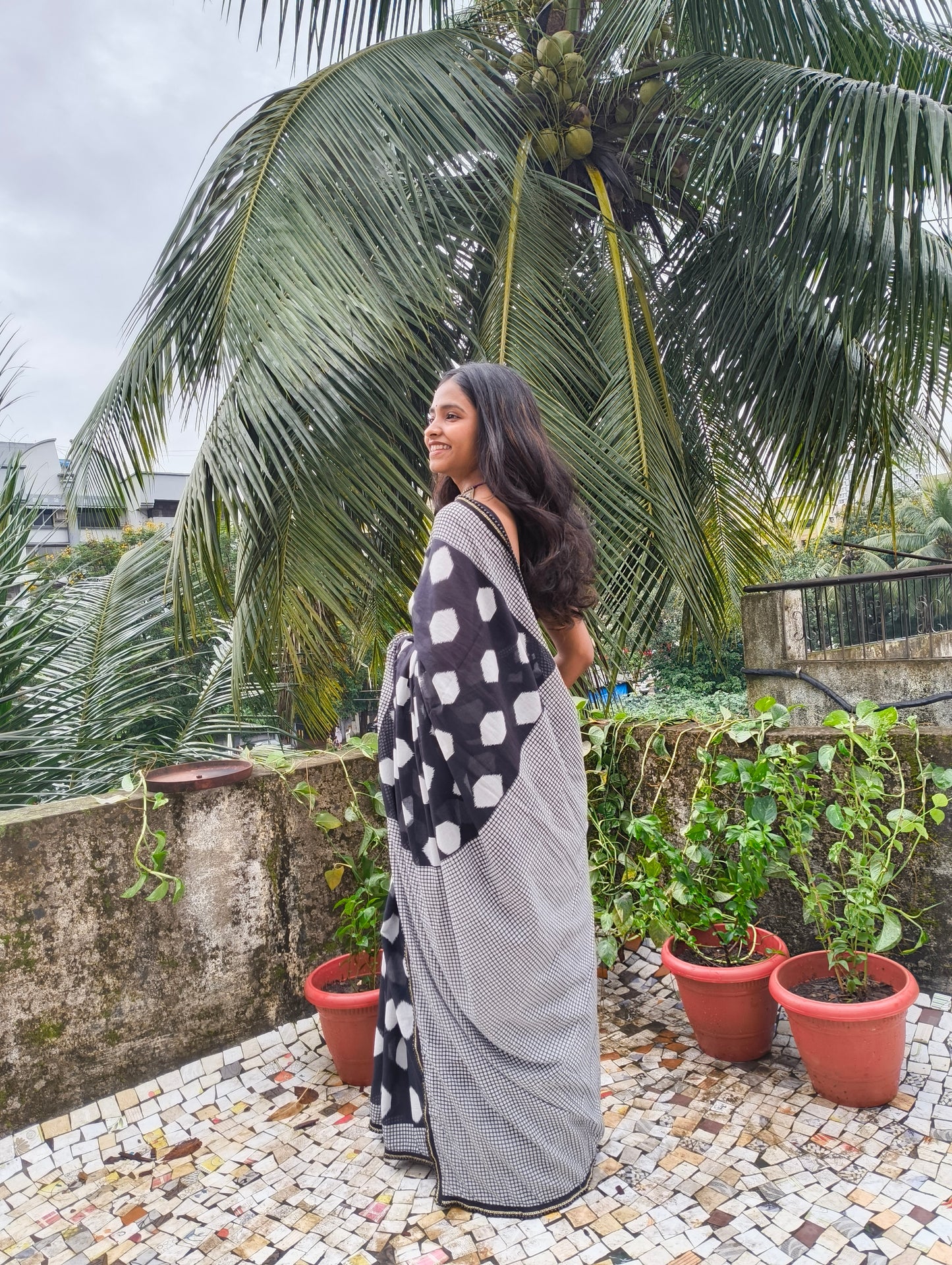 Charcoal White Cotton Handblock Saree