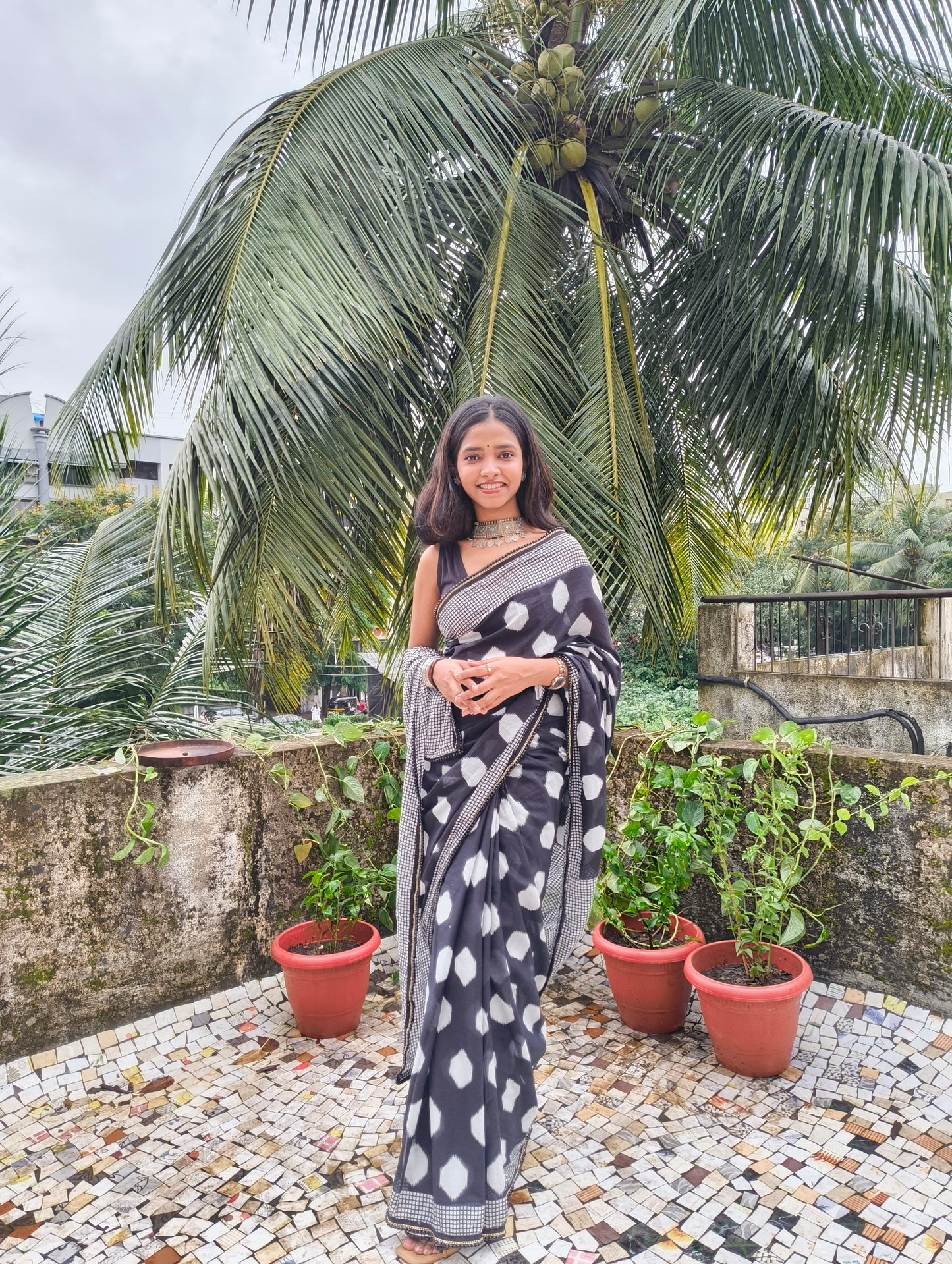 Charcoal White Cotton Handblock Saree