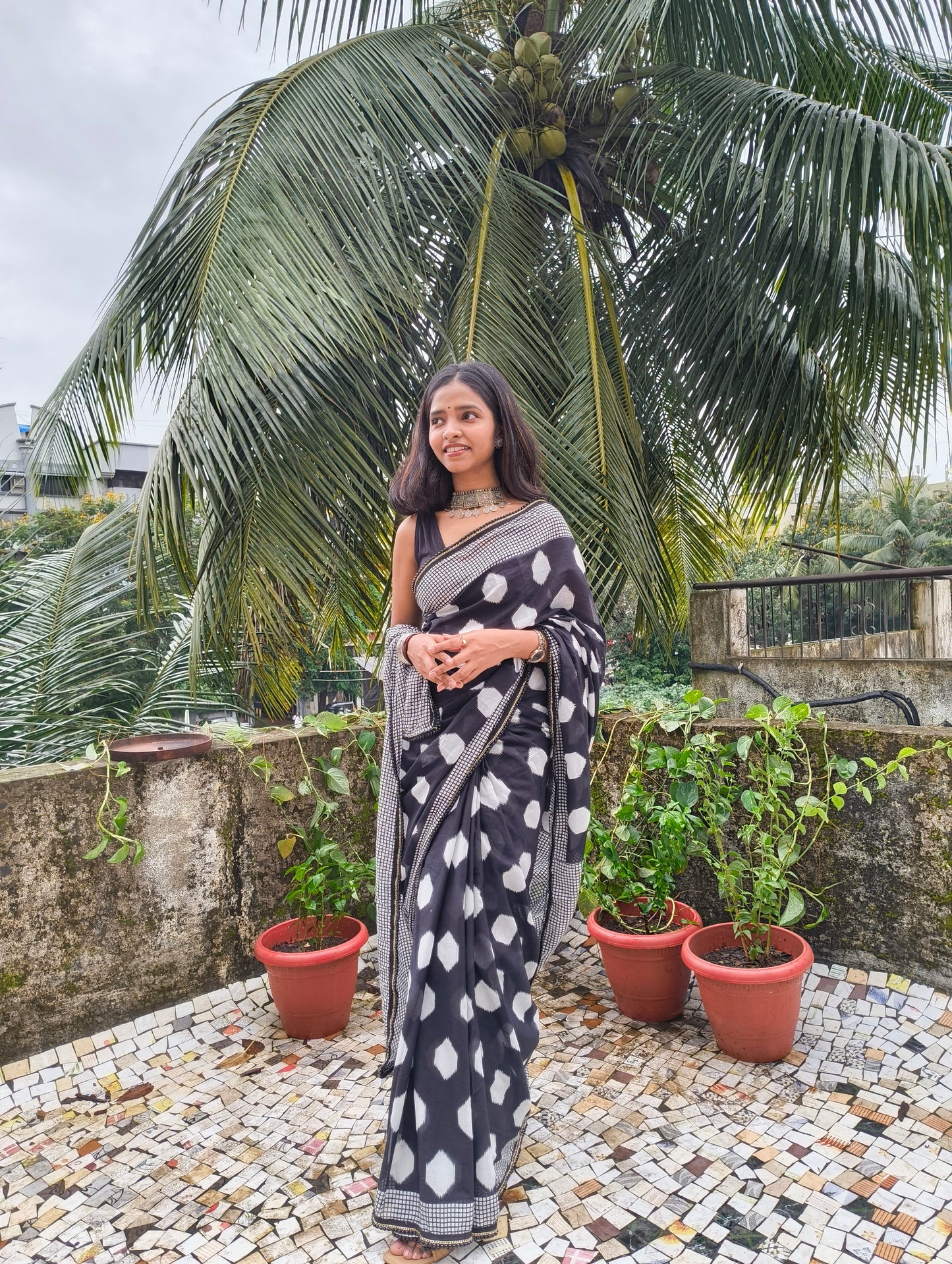 Charcoal White Cotton Handblock Saree
