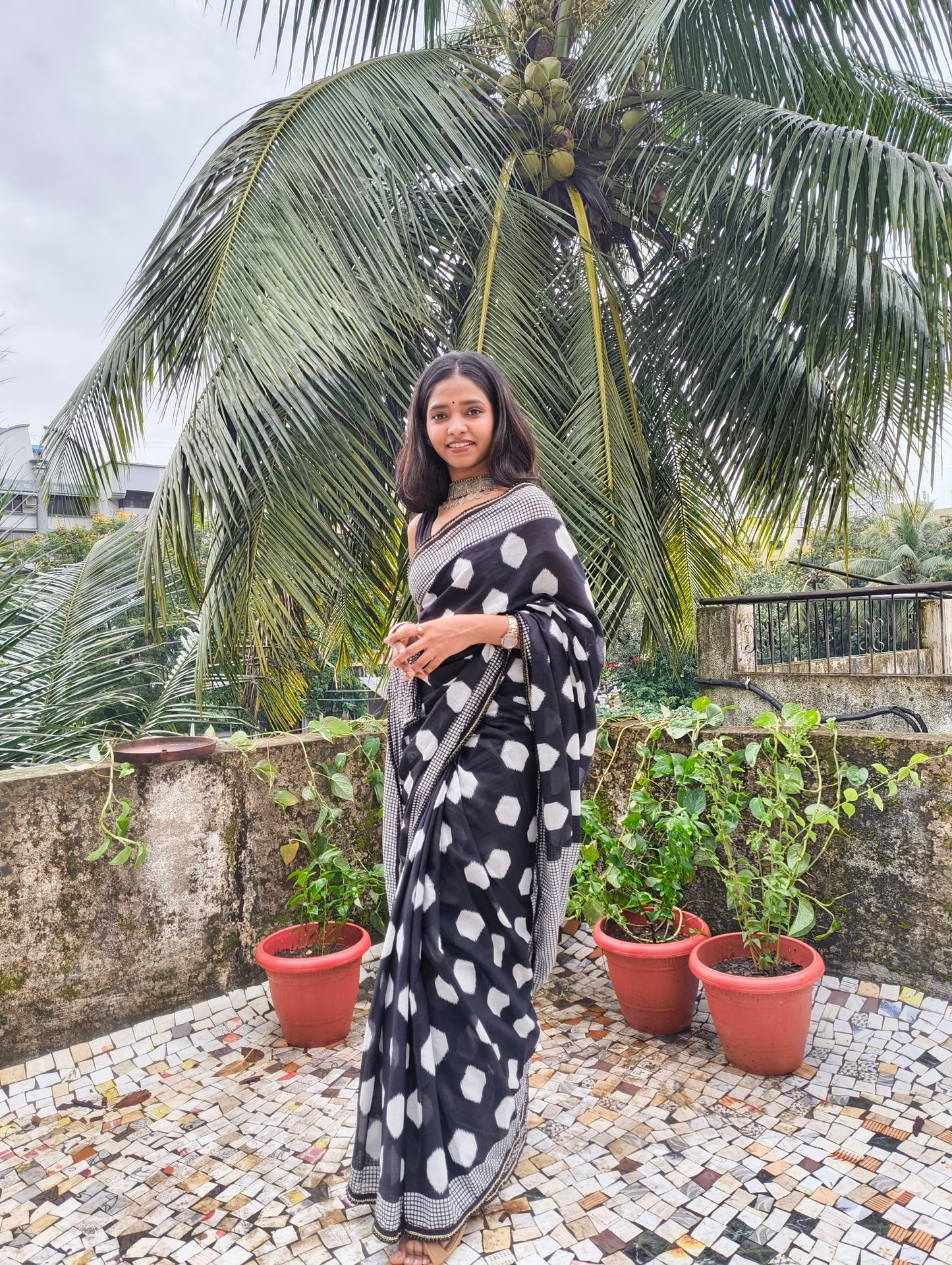 Charcoal White Cotton Handblock Saree