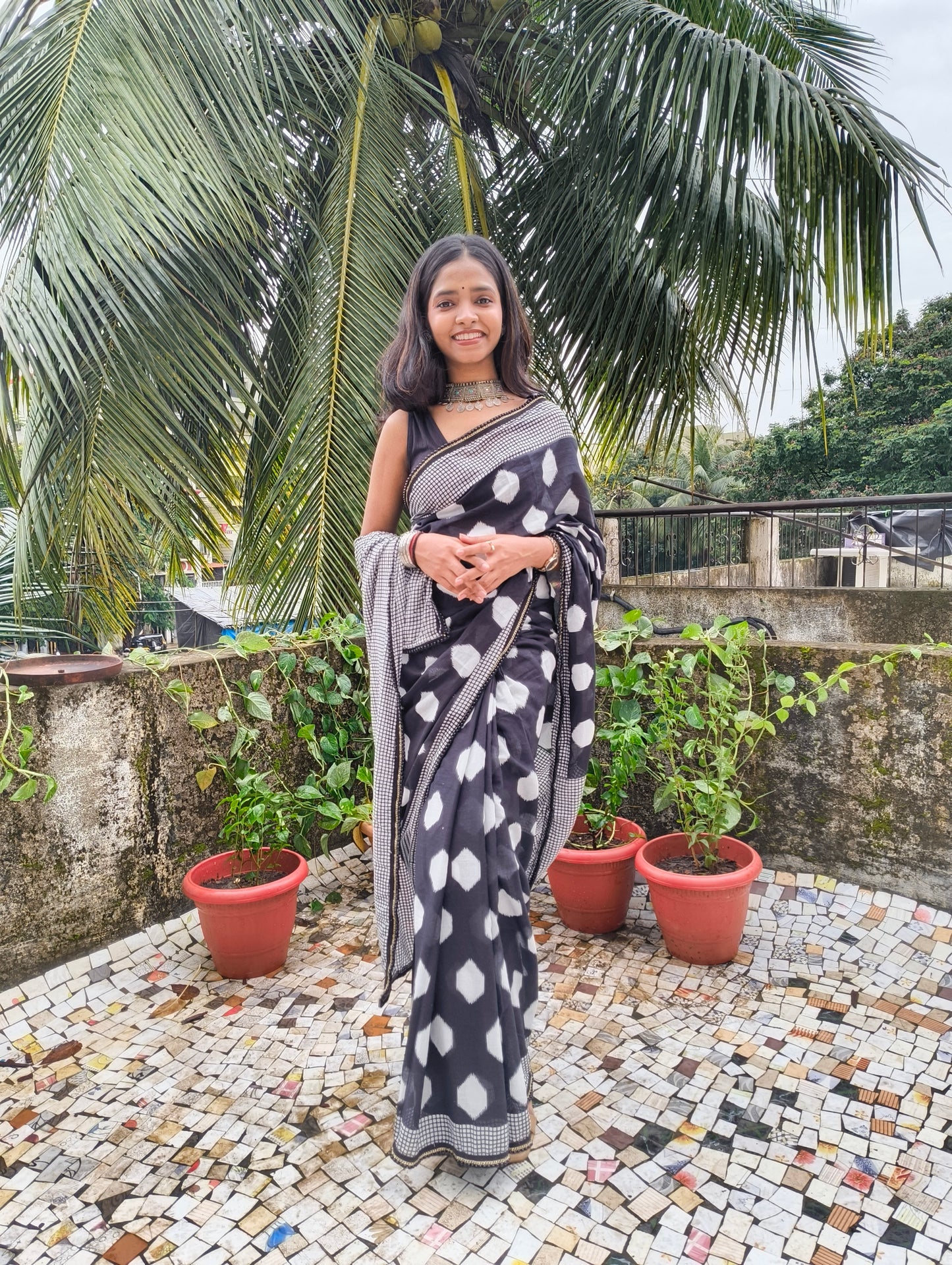 Charcoal White Cotton Handblock Saree
