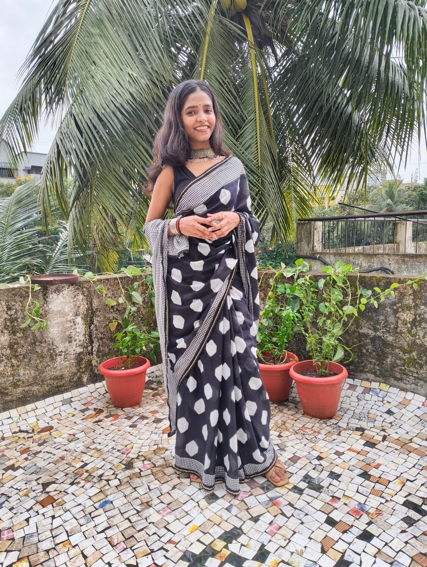 Charcoal White Cotton Handblock Saree