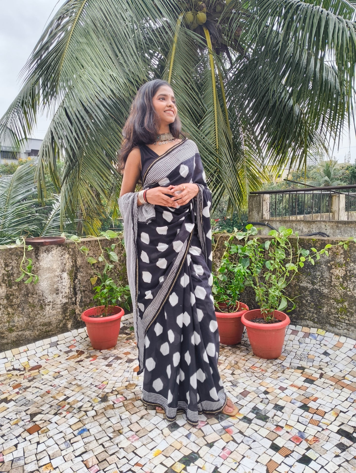 Charcoal White Cotton Handblock Saree