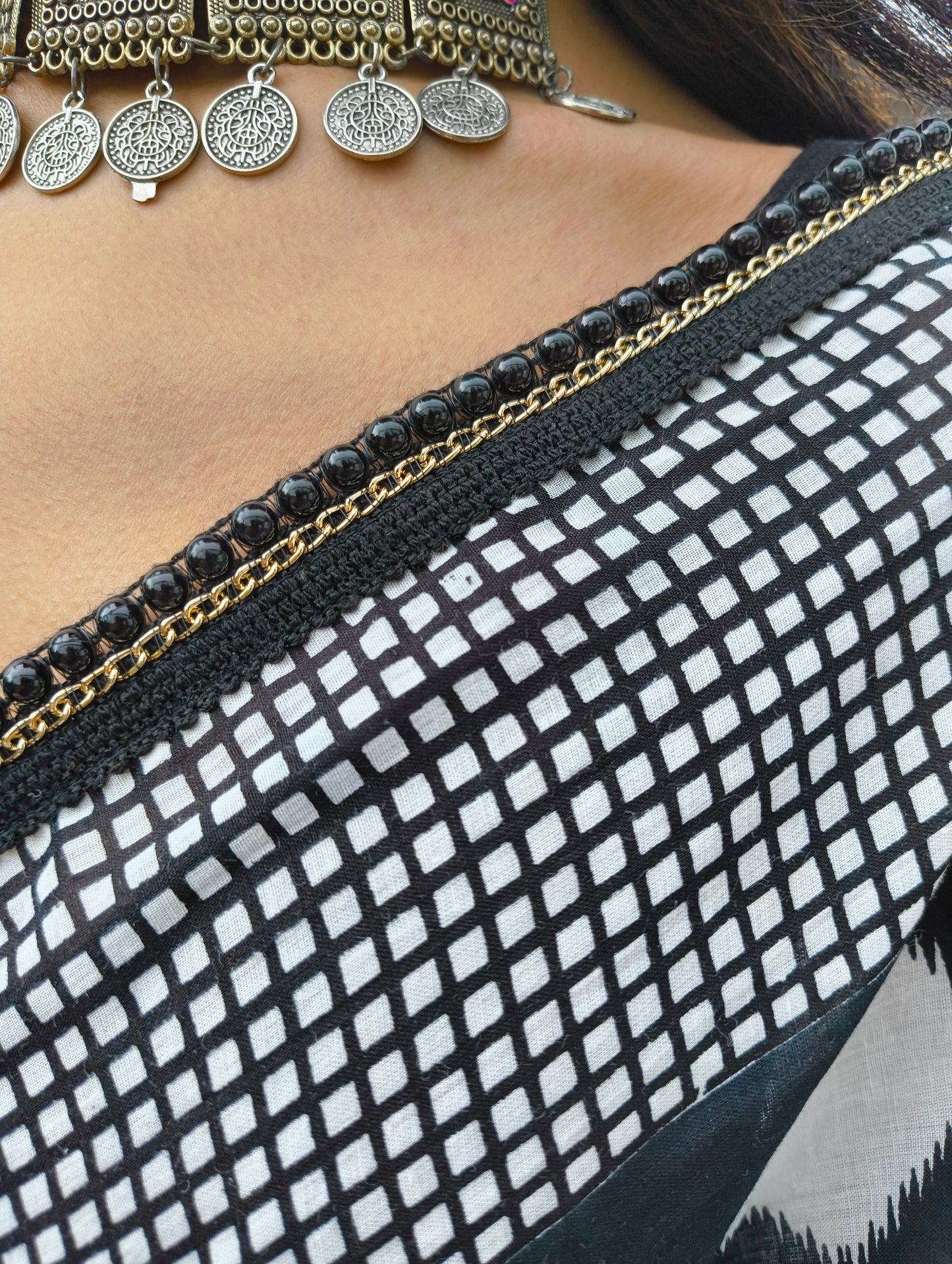 Charcoal White Cotton Handblock Saree