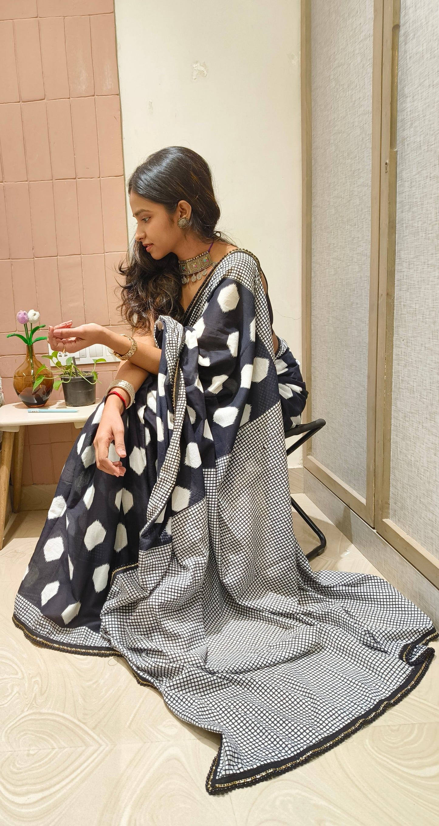 Charcoal White Cotton Handblock Saree