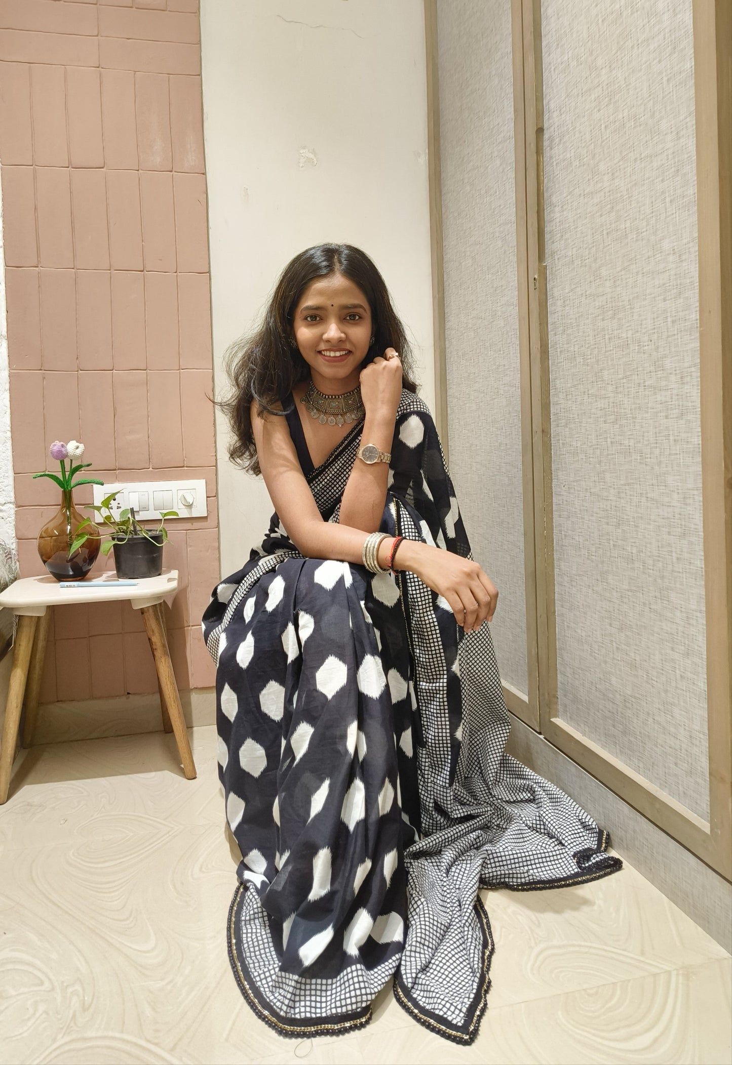 Charcoal White Cotton Handblock Saree