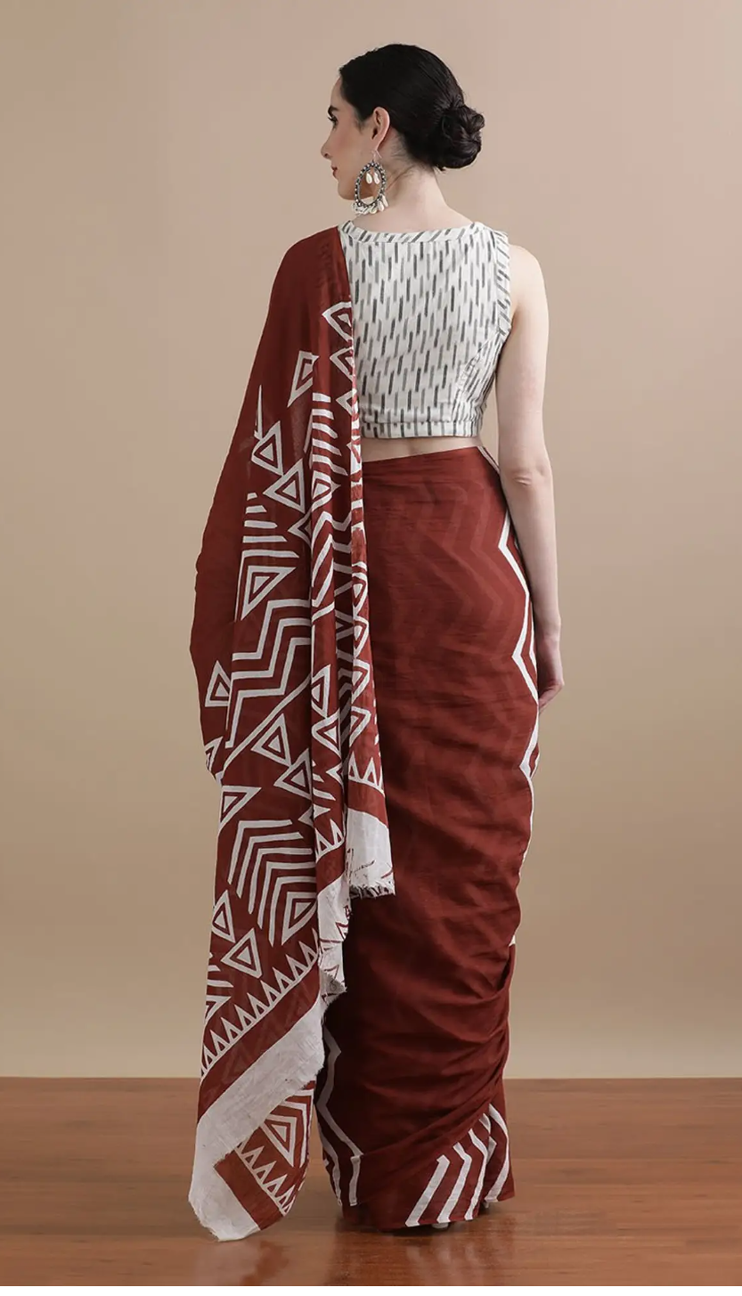 Maroon White Tribal Cotton Handblock Saree